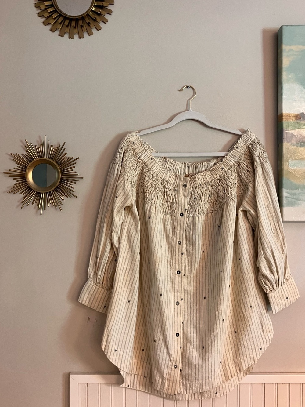 A Rare Bird Smocked Off-Shoulder Cream Striped Button-Front Tea Stained Top
NWT
